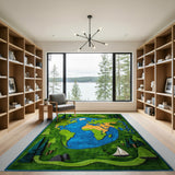 Kids World Map Green Area Rug with Trees Sailboat