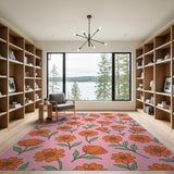 Vibrant Orange Daisies Pink Floral Area Rug