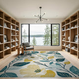 Teal Leaf and Yellow Bloom Floral Area Rug
