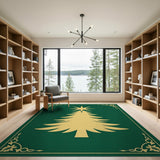 Golden Christmas Tree Silhouette on Emerald Green Rug