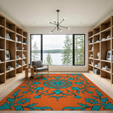 Bold Teal Floral Medallion on Orange Persian Rug