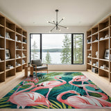 Multi-color and Patterns Vibrant Pink Flamingos Palm Leaves Area Rug