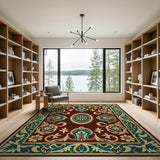 Ornate Maroon Persian Area Rug with Teal Gold Motifs