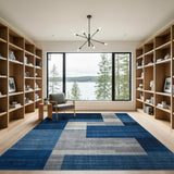 Navy Blue Grey Geometric Block Area Rug