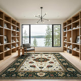 Traditional Persian Green Ivory Floral Medallion Rug