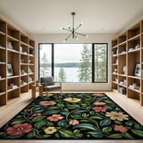Vibrant Floral Multi-Color Area Rug on Black