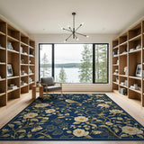 Navy Blue Peony Bird Berry Floral Rug