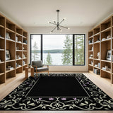 Elegant Floral Border Black Area Rug