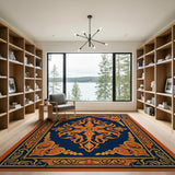 Ornate Navy Persian Area Rug with Orange Borders