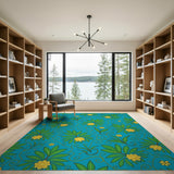 Teal Blue Yellow Floral Swirl Area Rug