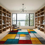 ODIKA Washable Geometric Color Block Area Rug, Mid-Century Modern Low Pile Non-Slip Carpet