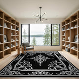 Ornate Black White Floral Medallion Black and White Rug