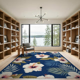 Navy Blue Hibiscus and Palm Leaf Area Rug