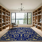 Elegant Navy Blue Gold Filigree Area Rug