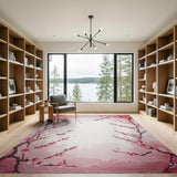 Pink Cherry Blossom Watercolor Washable Area Rug Low Pile Non-Slip