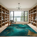 Teal Gold Marble Swirl Abstract Area Rug