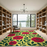 Vibrant Red Peony Floral Yellow Area Rug