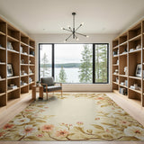 Beige Floral Border Area Rug with Pink Blossoms
