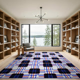 Bold Black Blue Red Geometric Grid Area Rug