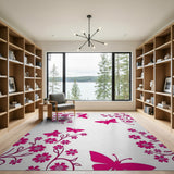 Whimsical Pink Daisies Butterflies Area Rug