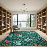 Teal Leaves and Pink Butterfly Pattern Area Rug