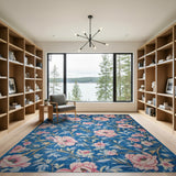 Blue and Teal Navy Blue Pink Peony Floral Area Rug