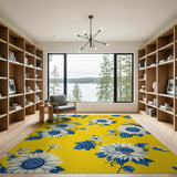 ODIKA Washable Yellow and Blue Sunflower Area Rug - Low Pile Non-Slip Floral Carpet