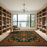 Emerald Green Gold Ornate Medallion Rug