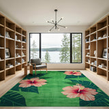 Vibrant Green Hibiscus and Monstera Leaf Area Rug