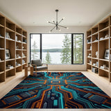 Neon Circuit Blue Teal Washable Area Rug