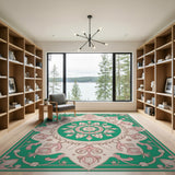 Emerald Green Blush Pink Persian Medallion Rug