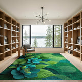 Teal Lotus Flowers on Lush Green Leaves Area Rug