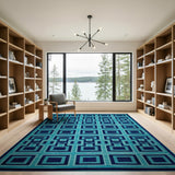 Teal Navy Geometric Grid Modern Area Rug