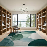Teal Green Leaf Circles Abstract Area Rug