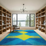 Vibrant Blue Teal Geometric Area Rug with Yellow Accents