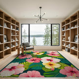 ODIKA Tropical Hibiscus Washable Area Rug - Low Pile Non-Slip Floral Carpet