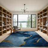 Navy Blue Gold Veined Abstract Area Rug