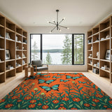 Fluttering Teal Butterflies on Orange Blooms Rug
