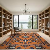 Vibrant Orange Navy Persian Motif Area Rug