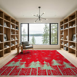 Festive Red Pine Forest Starry Silhouette Area Rug