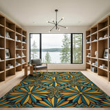 Blue and Teal Gold Starburst Geometric Area Rug