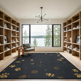 Golden Paw Print Area Rug on Charcoal Grey
