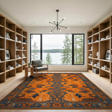 Vibrant Orange Persian Area Rug with Navy Blue Motifs