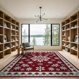 Red Snowflake Area Rug with Ornate Border