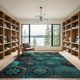 Teal Gold Mandala Hexagon Area Rug