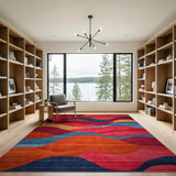 Vibrant Abstract Wave Area Rug in Red Orange Blue