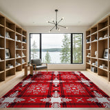 Red Plaid Snowflake Embroidered Area Rug