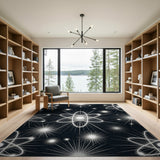 Glowing Atomic Orbits Black White Area Rug