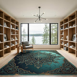 Ornate Teal Mandala Persian Traditional Persian Area Rug