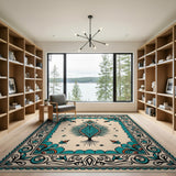 Ornate Teal Peacock Feather Persian Rug